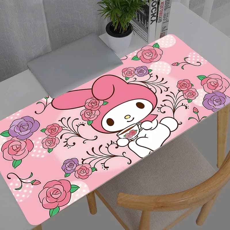 Tappetino per Mouse Grande e Resistente, Tappeto per Laptop e PC, Tappetino XXL Sanrio My Melody per Tastiera da Gamer, Tappetino da Tavolo in Gomma con Bordo Bianco e Nappine