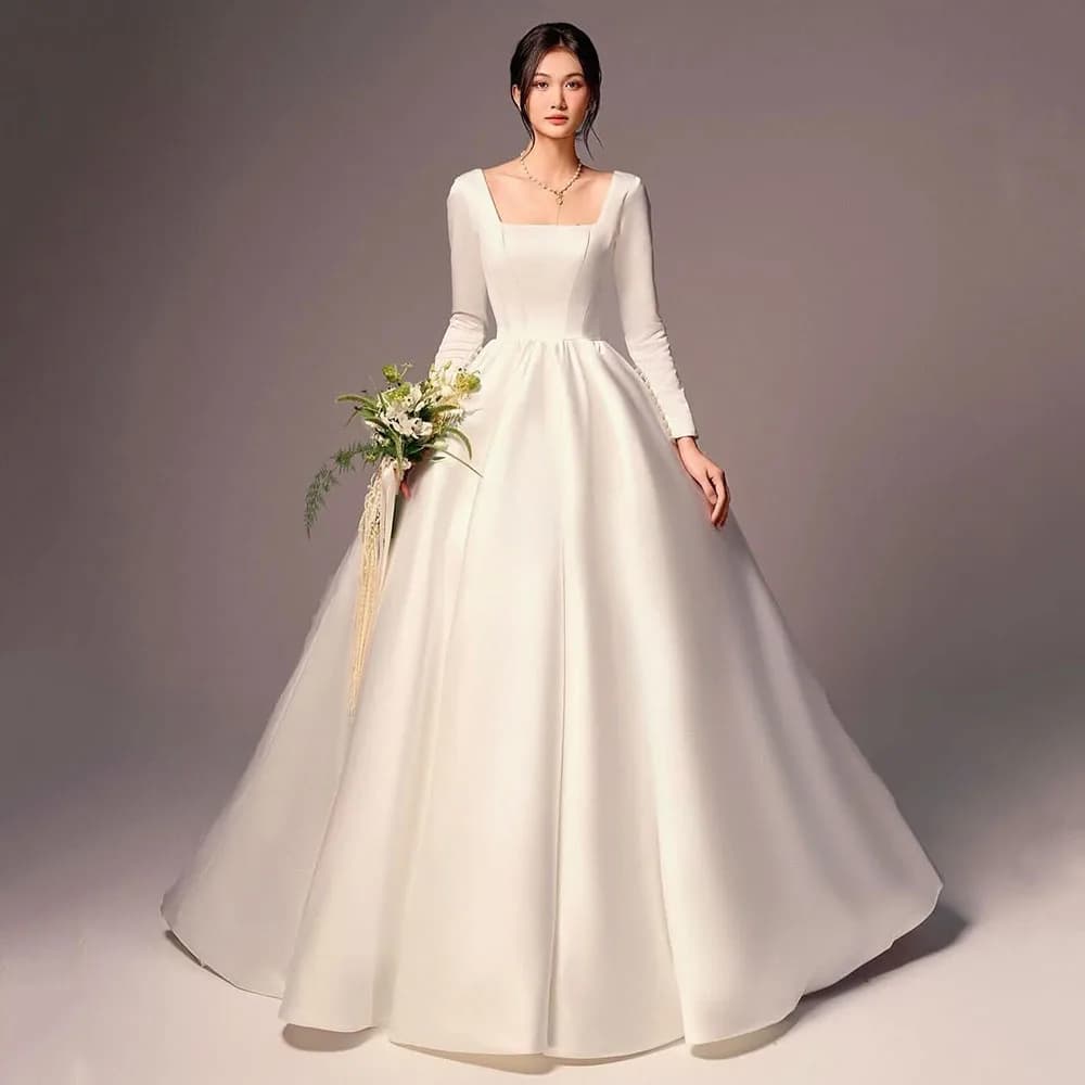 Abiti da Sposa Eleganti Personalizzati in Raso con Maniche Lunghe, Scollo Quadrato, Schiena Scoperta, Vestito da Sposa Linea A, Abito Formale