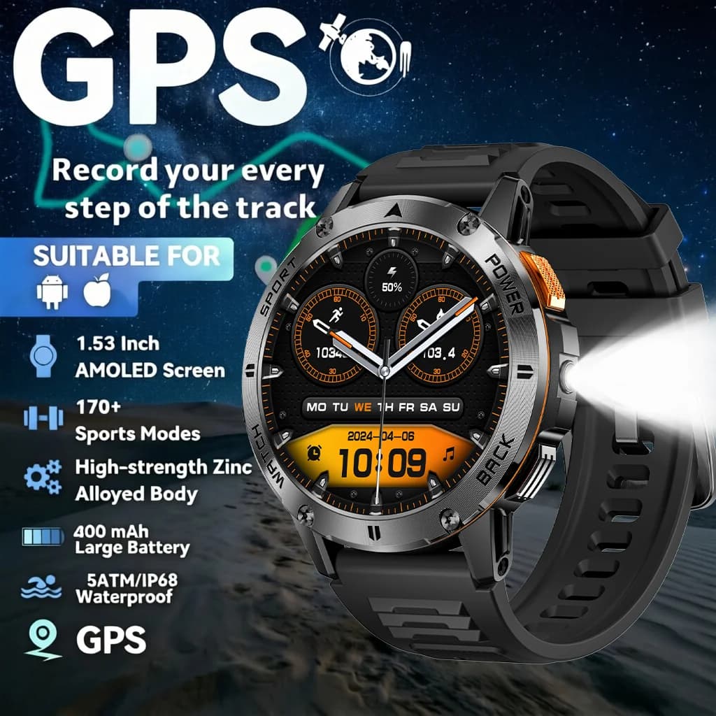 Smart GPS watch with Bluetooth call, sleep monitoring, heart rate and health, outdoor LED torch, waterproof sports watch for Android IOS