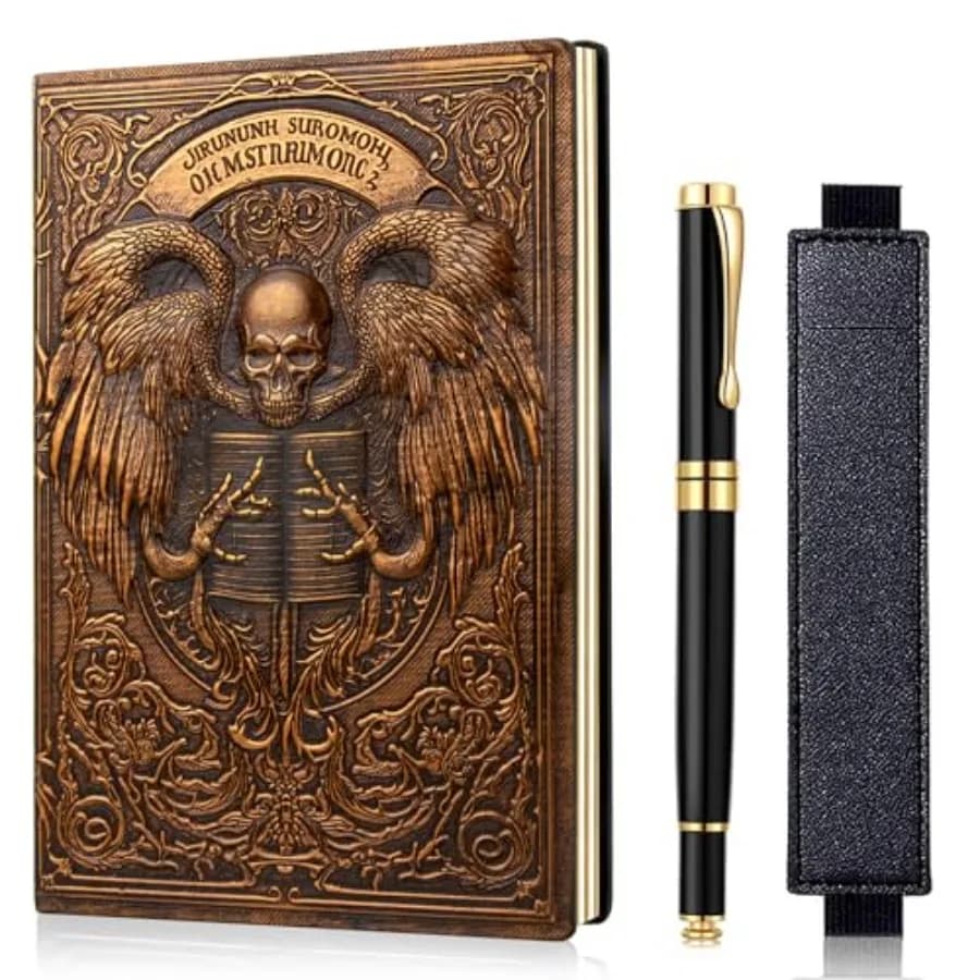 Vintage Skull Embossed Leather Notebook Travel Journal with Ballpoint Pen and Pen Sleeve PU Leather Journal, A5 Diary, Hardcove