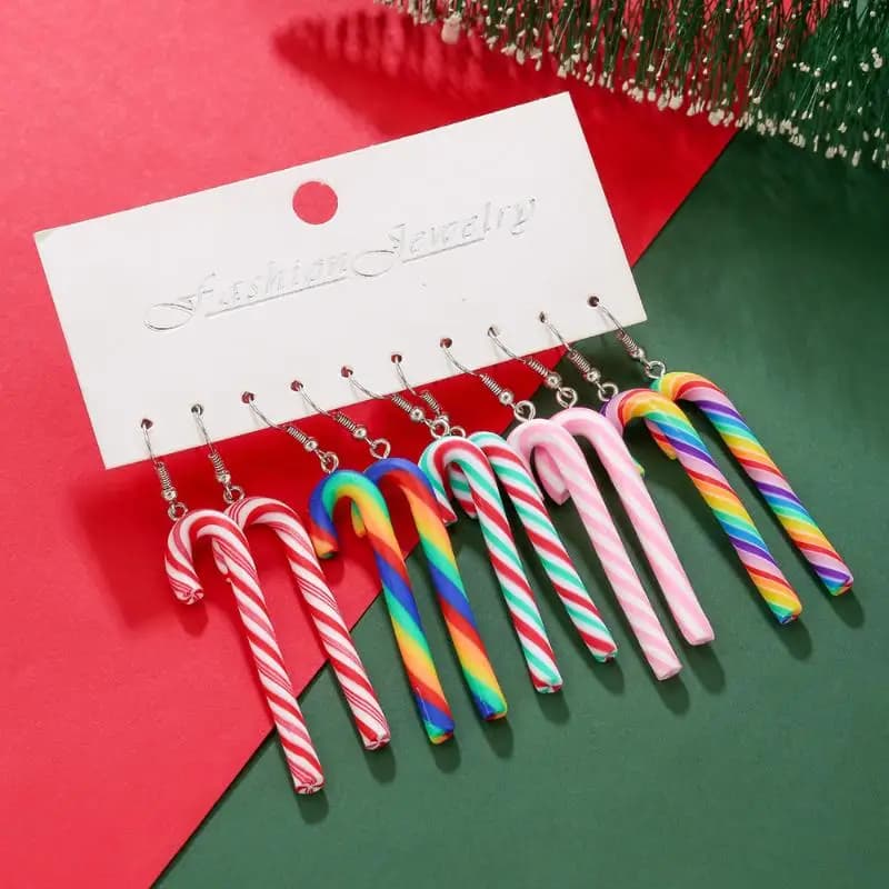 Set di orecchini natalizi con canna di zucchero da 10 pezzi, in argilla morbida, con ciondolo a strisce arcobaleno, per le vacanze festive, accessori carini per le donne