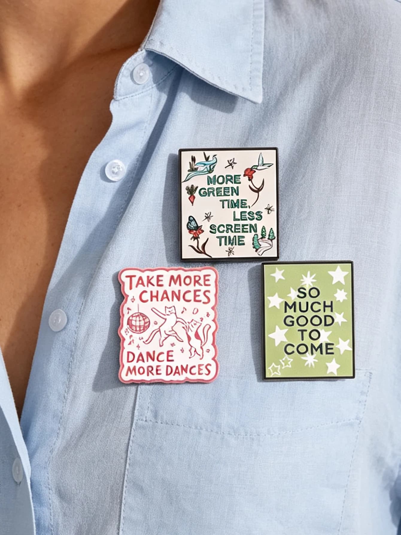 Front-Side Quote Enamel Badge Set, Cute Dancing Cat Disco Star Natural Scenery Tie Badge, Inspirational Text Brooch Backpack Jewelry Gift