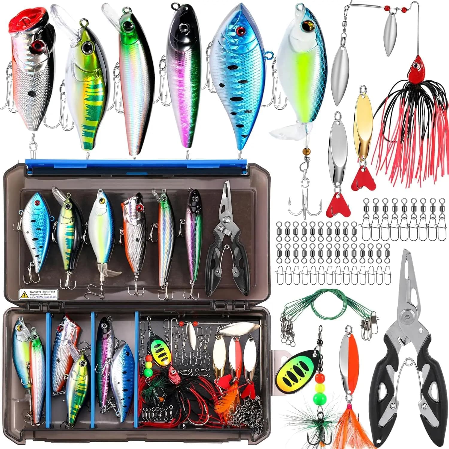 Kit di Esche da Pesca per Uomini - Scatola Attrezzatura per Bass e Trota, Attrezzatura per Acqua Salata e Dolce con Esche Topwater, Ami, Spinnerbait