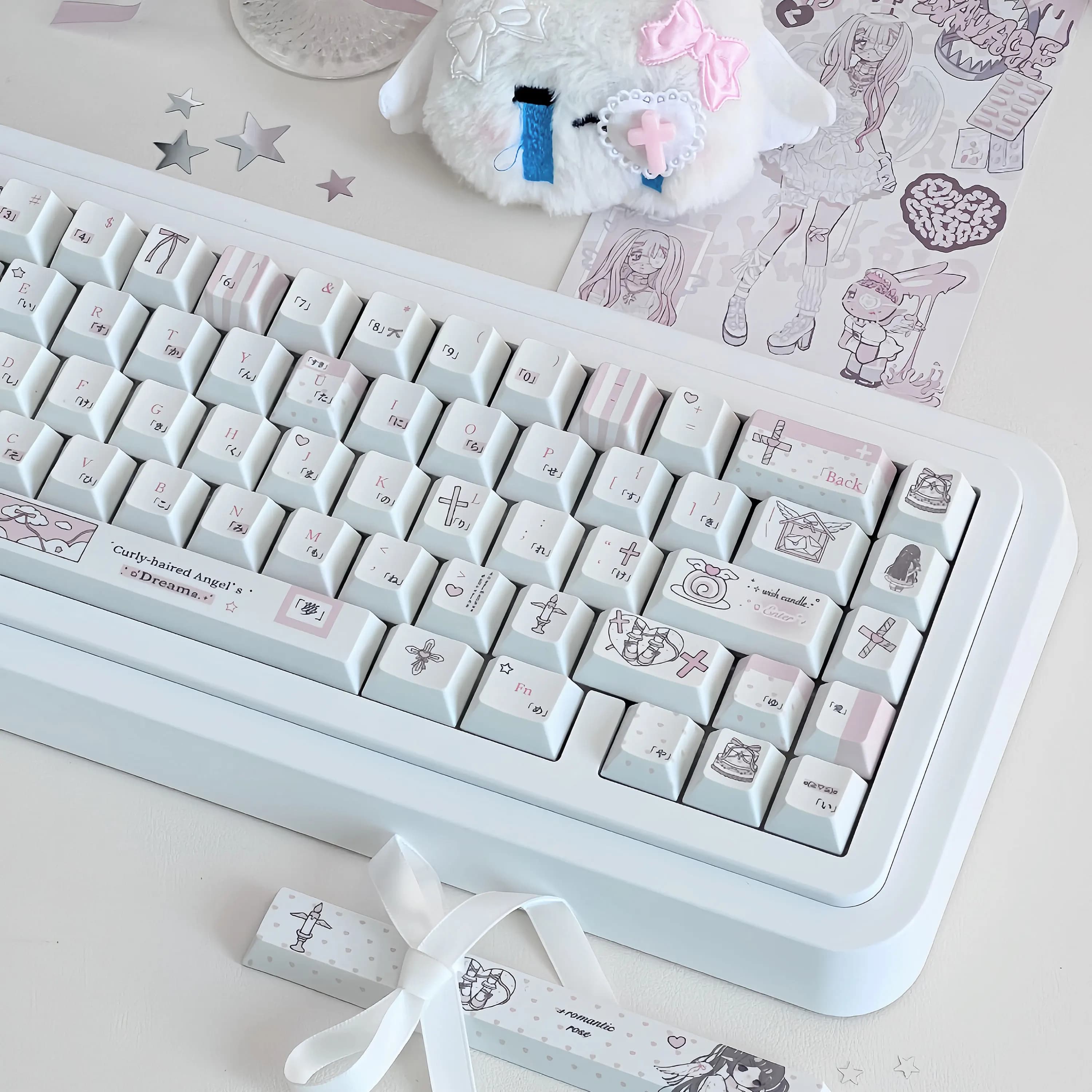 MAIMOOO Kawaii Curly Angel Copritasti Cherry Profilo PBT Sublimazione Rosa Bianco Copritastiera Carino Lolita Stile Meccanico Keycap