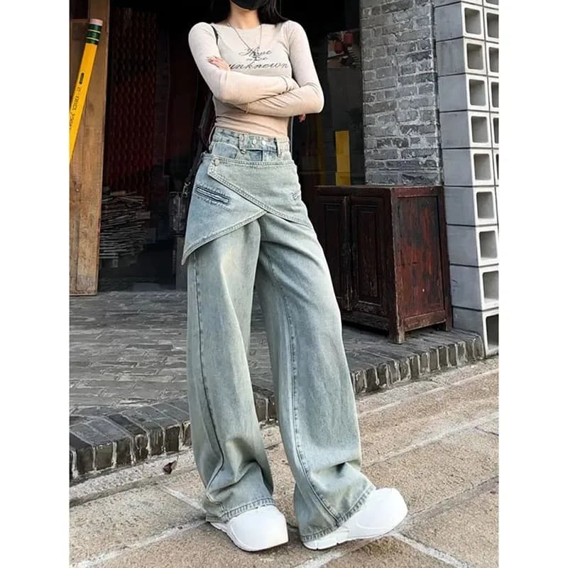 Jeans larghi blu da donna Pantaloni da cowboy patchwork estetici vintage anni '90 Pantaloni in denim Harajuku Streetwear anni 2000