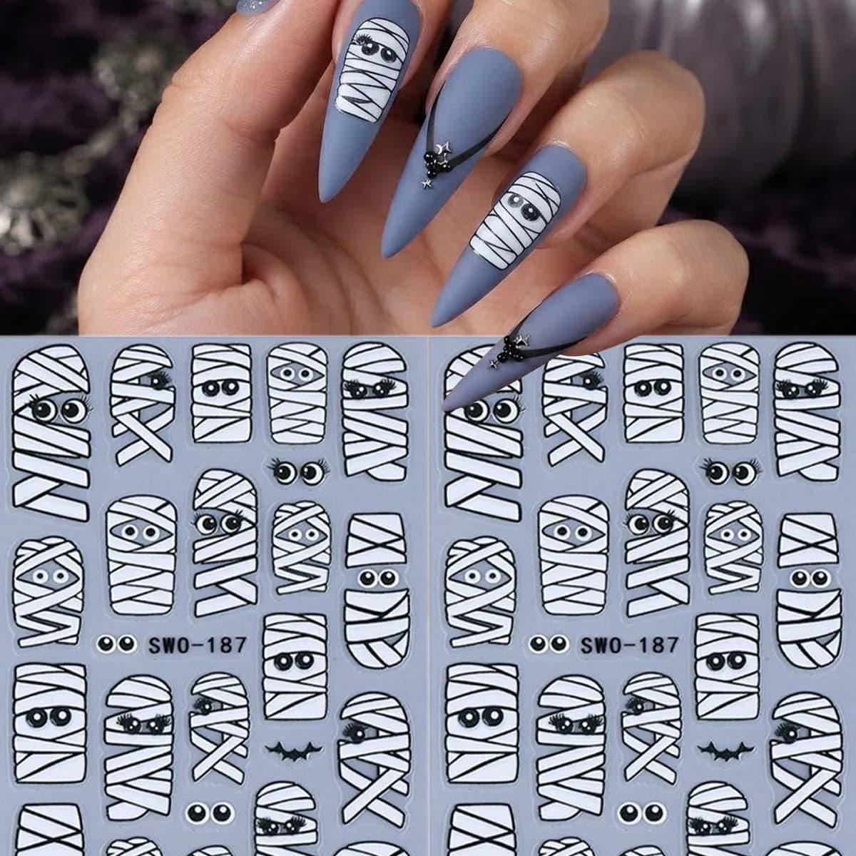 2PCS 5D Embossed Halloween Funny Mummy Nail Stickers, Black & White Monster Decals, Nail Art Supplies for Cosplay Party