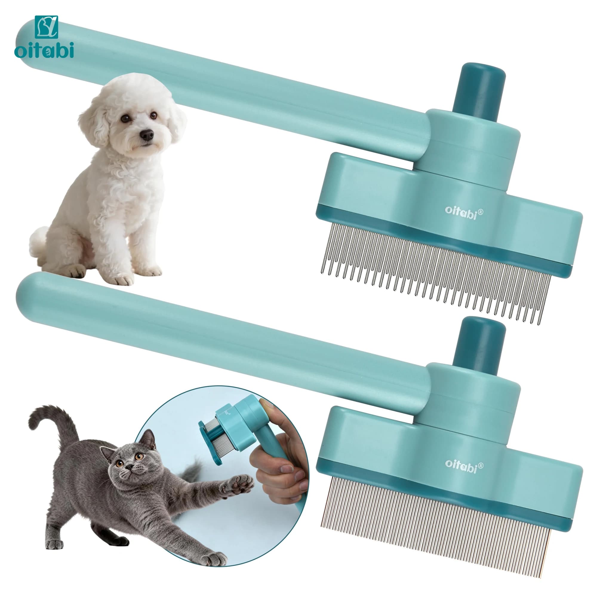 OITABI Pettine per la rimozione dei peli di animali domestici, pettine antipulci per gatti e cani, pettine per pidocchi, pettine per toelettatura con pulsante rotante e di rilascio per la rimozione del pelo e la deshedding
