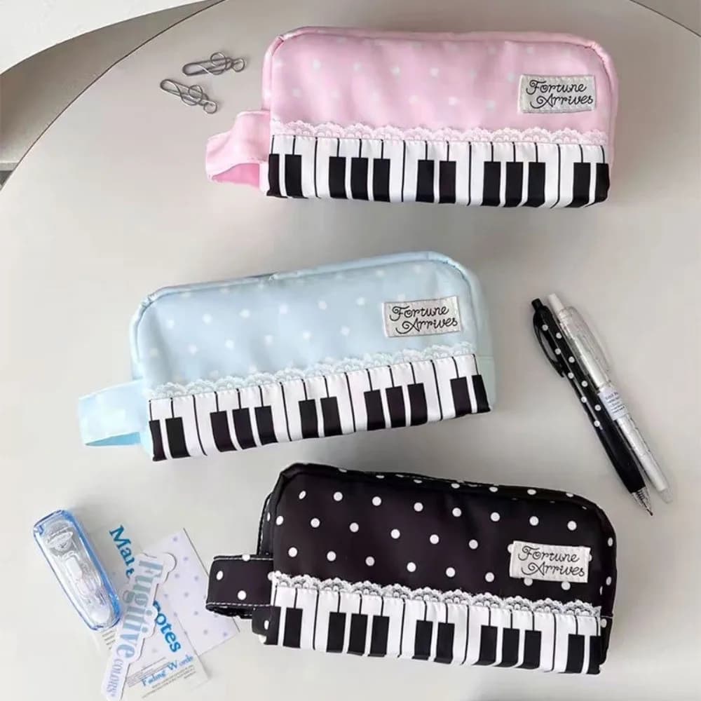 Durable Polka Dot Piano Key Print Pencil Case With Handle Large Capacity Pen Bag Stationery Pouch School Supplies