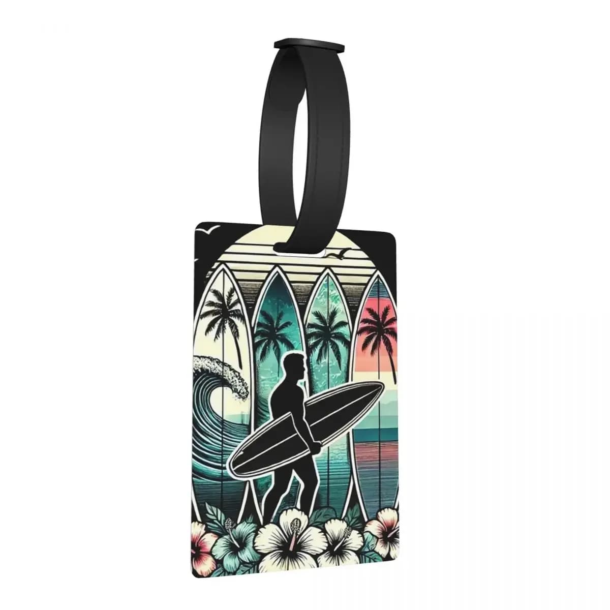 Tavola da surf con palme tropicali e fiori di ibisco Etichette per bagagli Moda da viaggio Etichetta per imbarco per bagagli Porta etichette ID Nome Indirizzo