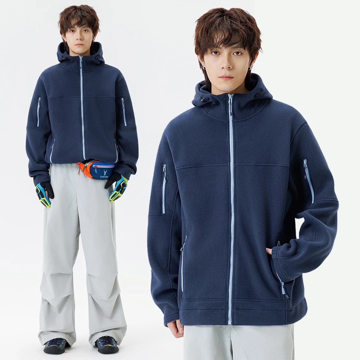 Autumn Winter Fleece Hoodie Jacket Men's Outdoor Hooded Sweatshirt Cardigan Jacket Outdoor Windproof Sports Coat