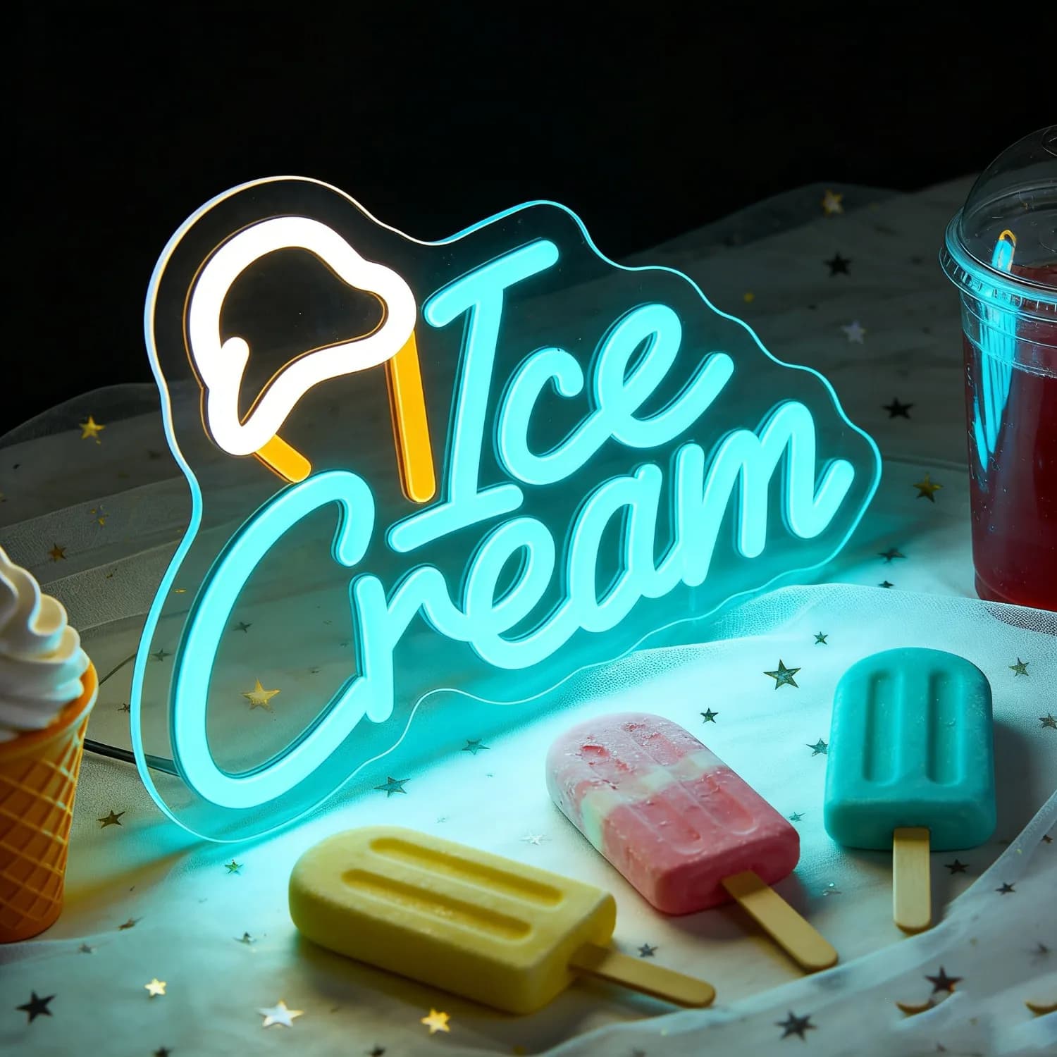 Insegna LED Neon a Forma di Gelato, Dimmerabile, Alimentata via USB, Luce a Tema Dolce Dessert per Cameretta Bambini, Camera da Letto, Caffetteria, Negozio, Decorazione per Feste, Luce Notturna