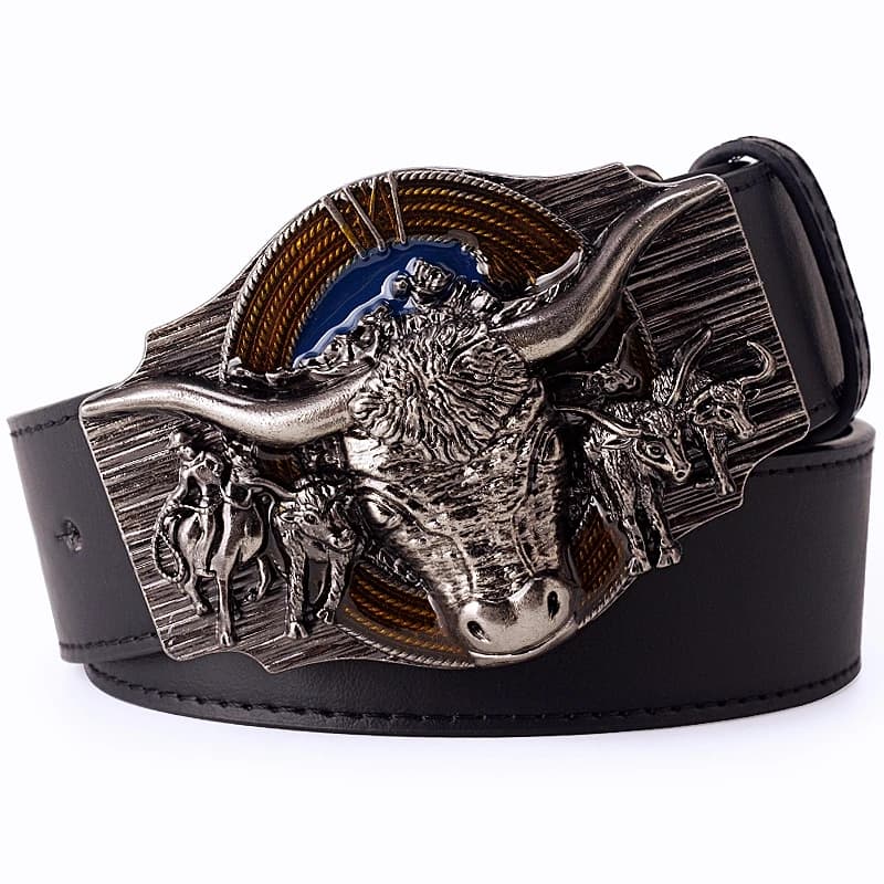 Cintura in pelle da uomo con teschio, toro, corno di bue, testa di mucca, scheletro, stile cowboy occidentale, decorazione, jeans da donna