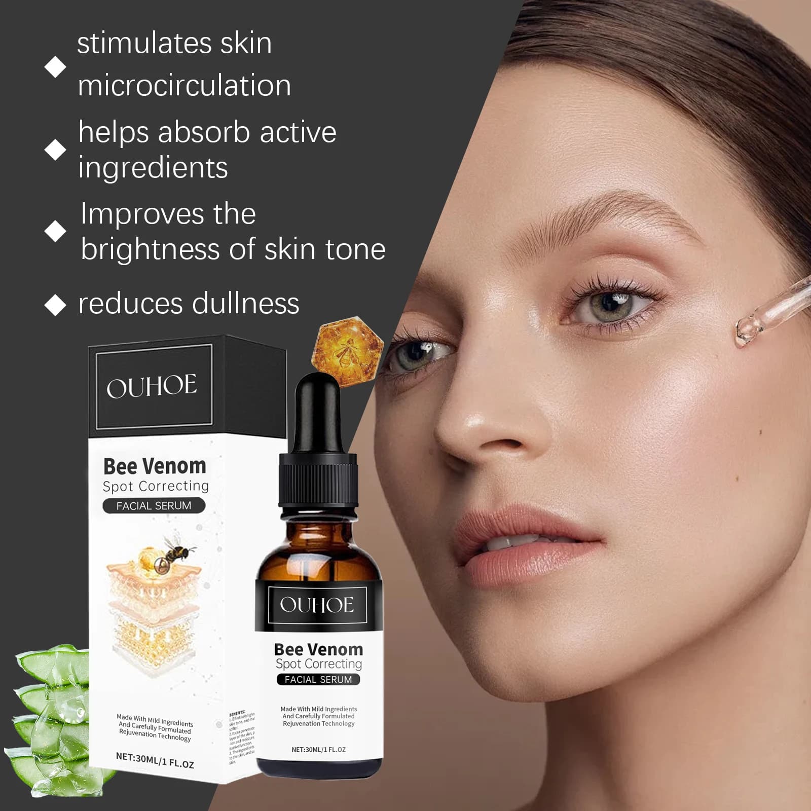 The restorative essence for dark spots to the bee venom contains niacinamide to light the hydrating and repairing spots for facial skin care 30 ml