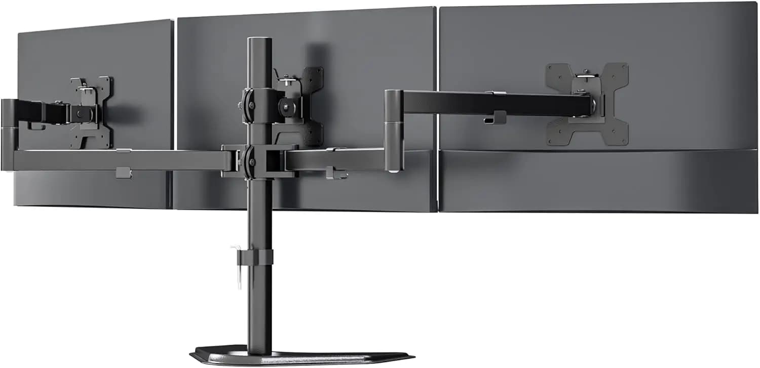 Support for three monitors, independent adjustable desk support for 3 screens up to 27 inches, 22 lbs per arm, black