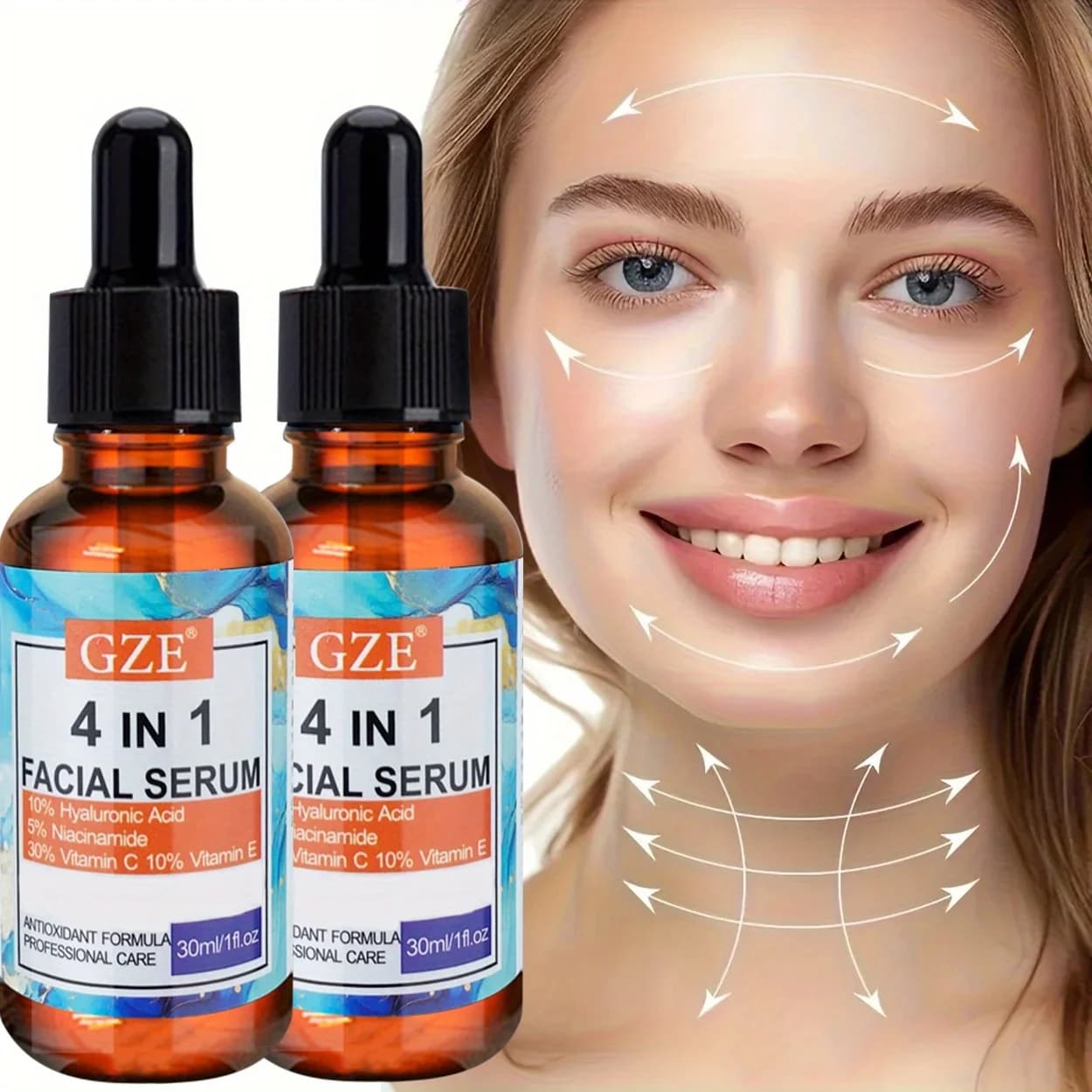 Face serum GZE 4 in 1 from 2 pieces with hyaluronic acid, peptides, vitamin C and E, hydrate, suitable for all skin types