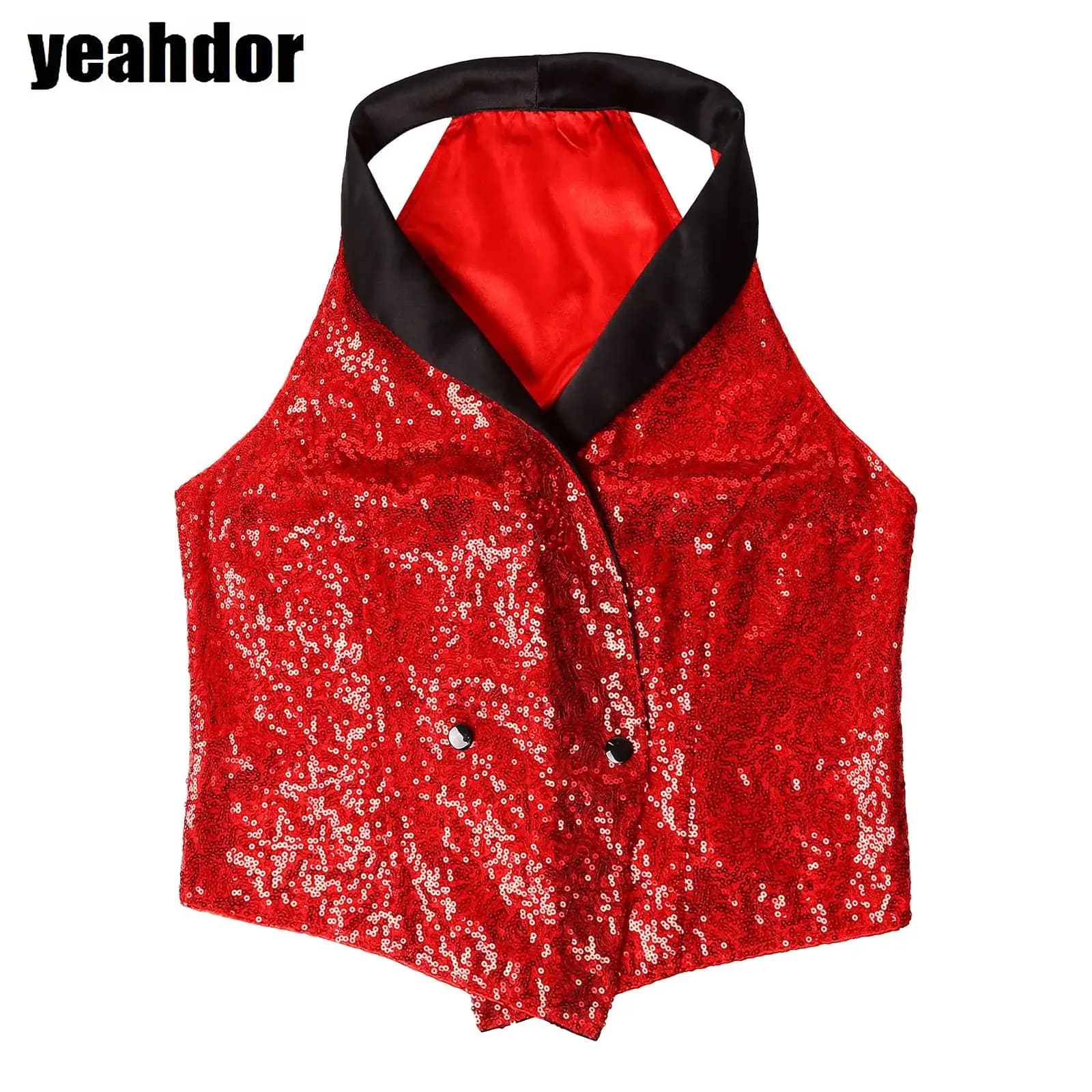 Gilet da donna con paillettes glitterate, scollo a V, bavero, senza maniche, gilet scintillante, camicetta, top elegante per costume da cocktail party per banchetti serali