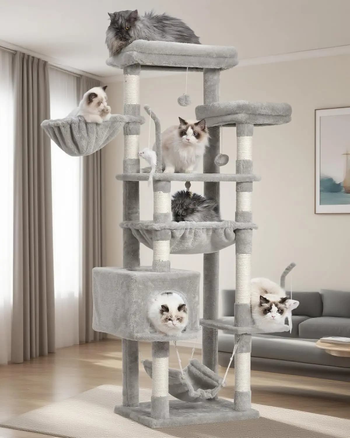 Grande Albero per Gatti con Piattaforme, Cesti, Cuccia e Giocattoli per Gatti da Interno, Grigio Chiaro