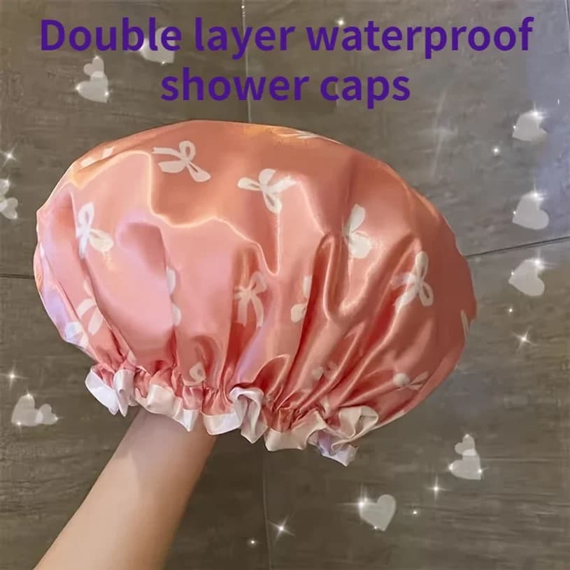1pc Double Layer Shower Caps Printed Bonnet Waterproof Bath Caps Reusable Shower Caps Hair Hat For Women Ladies Spa Salon
