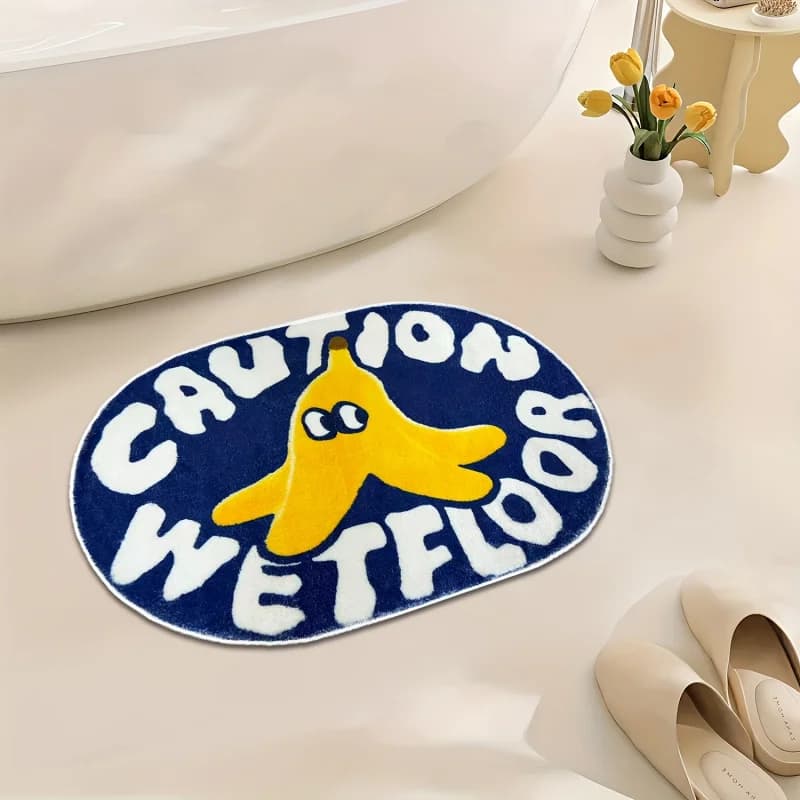 Tappetino da bagno VIKAMA Cartoon Banana in blu intenso e giallo, tappetino assorbente e antiscivolo per bagno, cucina e casa