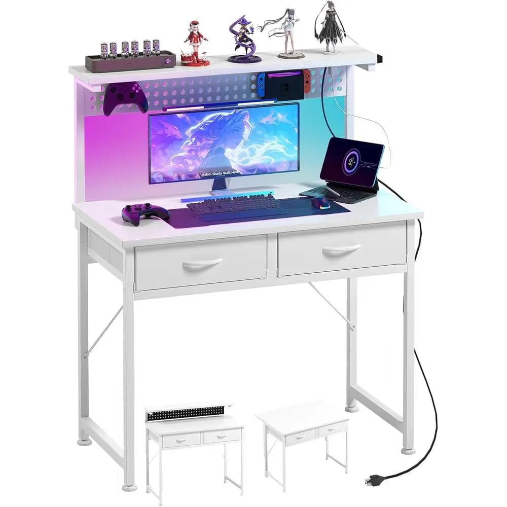 Small Desk with Ders, 31 Inch Computer Desk with Power Outlet & LED Light, Gaming Desk with Adjustale Monitor Stand & Pegoard, e