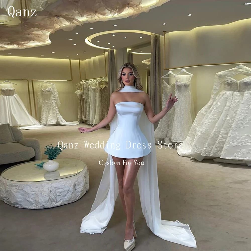 Qanz White Short A Line Wedding Dress Mini Soft Aatin Strapless Scarf Mini Bohemia Wedding Dresses Party for Women Custom