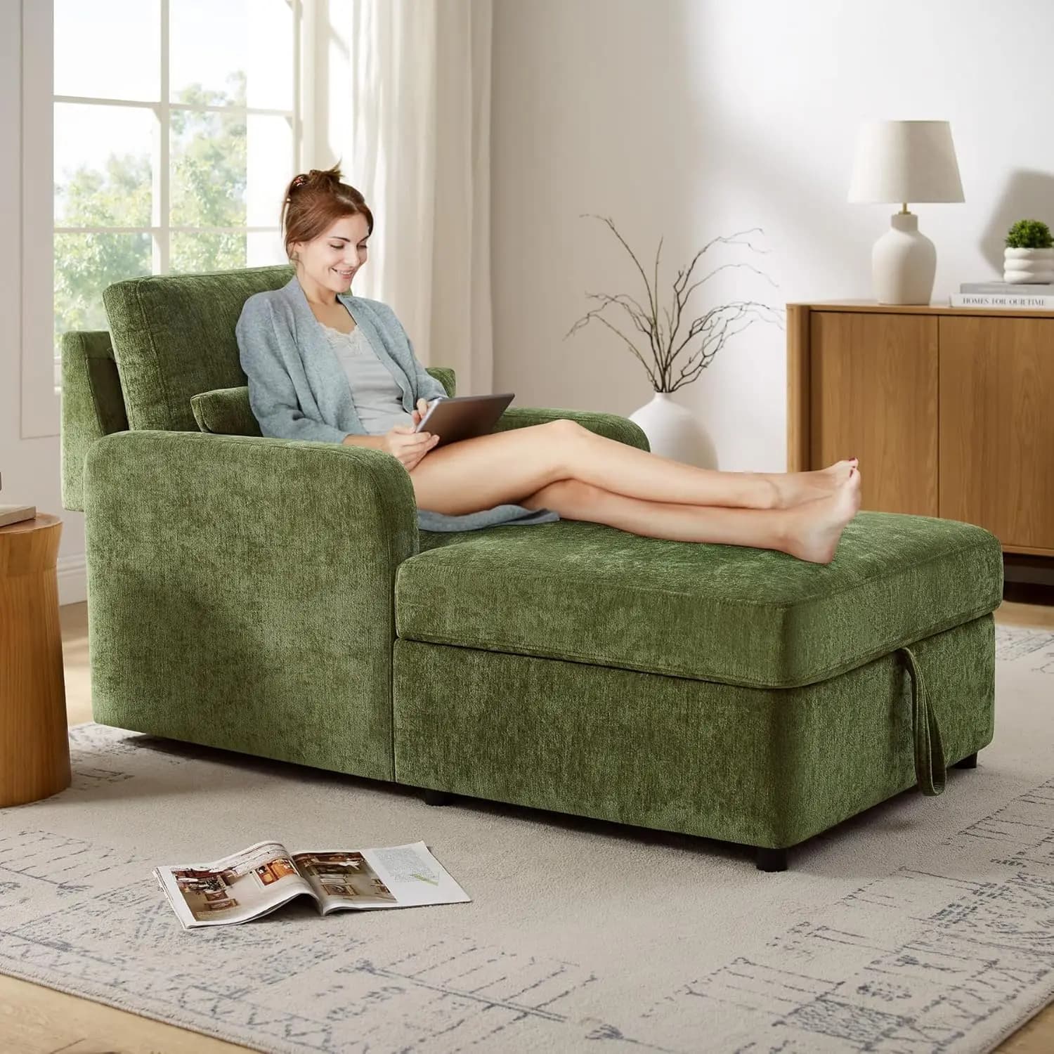 Poltrona Chaise Longue da Interno con Schienale Regolabile a 2 Posizioni e Spazio di Archiviazione, Poltrona Divano in Ciniglia con 2 Funzioni, Personalizzabile