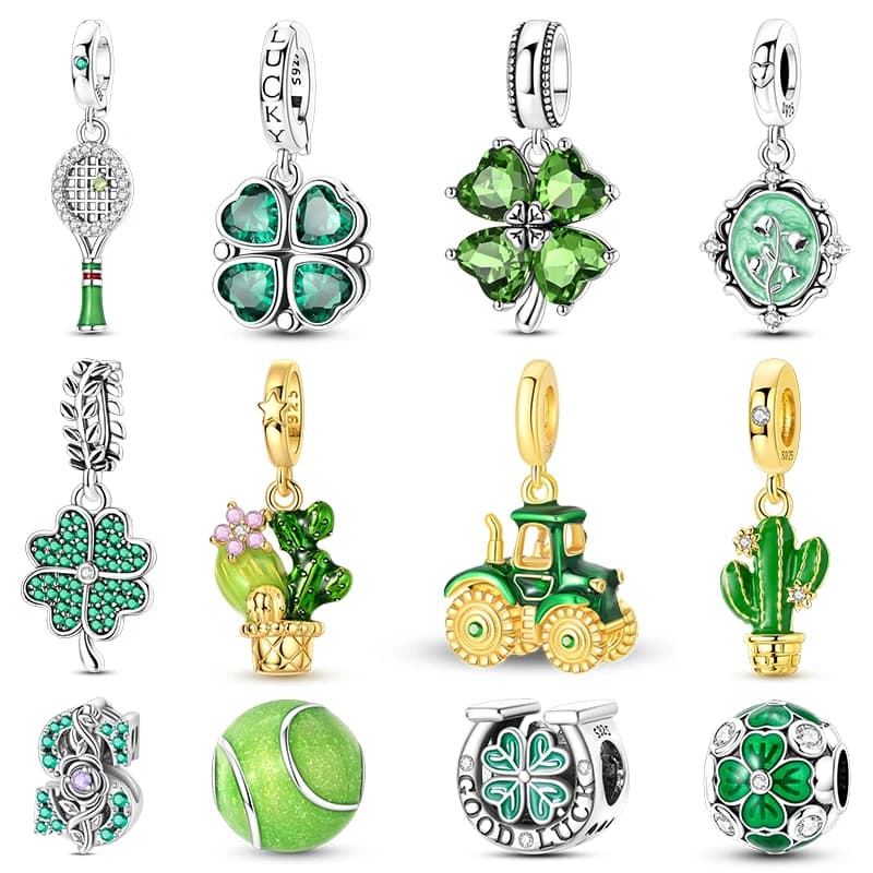 Original 925 Sterling Silver Green Charms Bead Tennis Ball Four Leaf Clover Lucky Tractor Dangle For Women Fine DIY Jewelry Gift