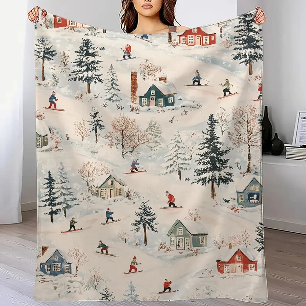 Coperta invernale in flanella da sci da cabina - Stampa digitale 100% poliestere | Ipoallergenico | Lettino per tutte le stagioni/viaggio/campeggio