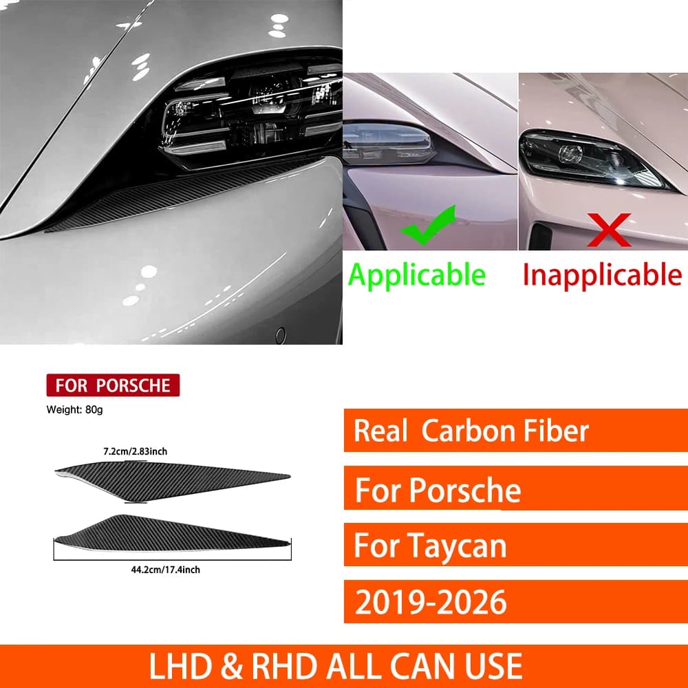 For Porsche Taycan 2019-2026 Real Carbon Fiber Stickers Front Bumper Headlight Panel Cover Car Accessories Exterior Decorative