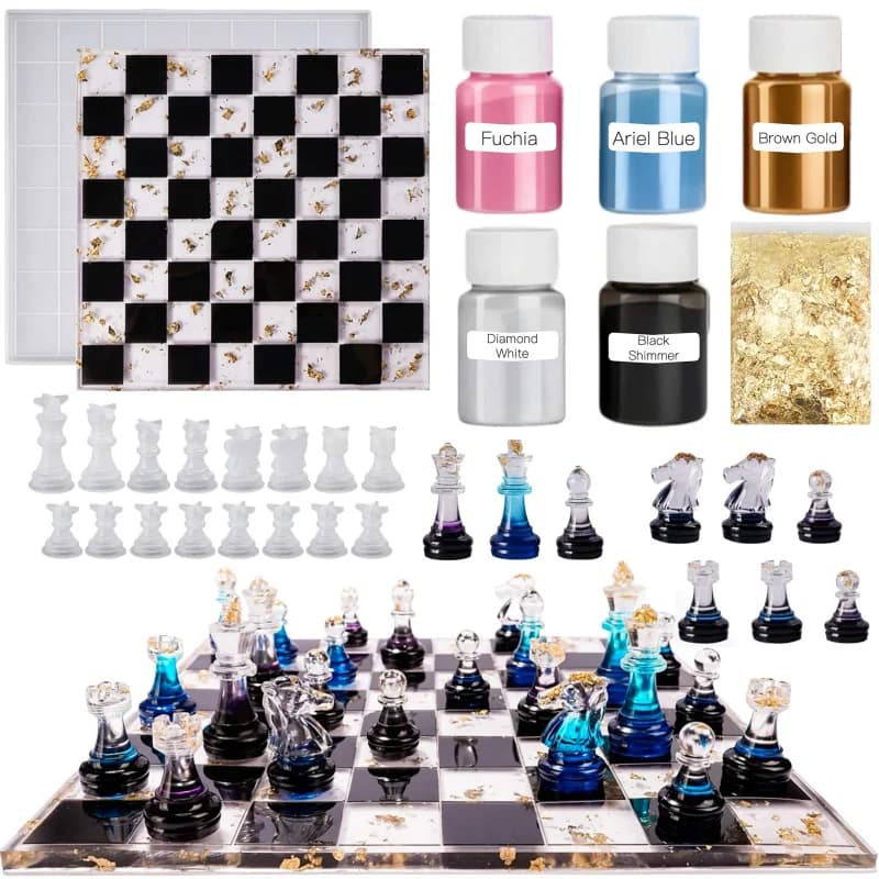 Set di scacchi internazionali da 23 pezzi (Stampo in silicone per scacchi + 5 pigmenti colorati + riempimento in lamina d'oro) - Kit di strumenti fai da te per realizzare tavole da gioco, Contiene