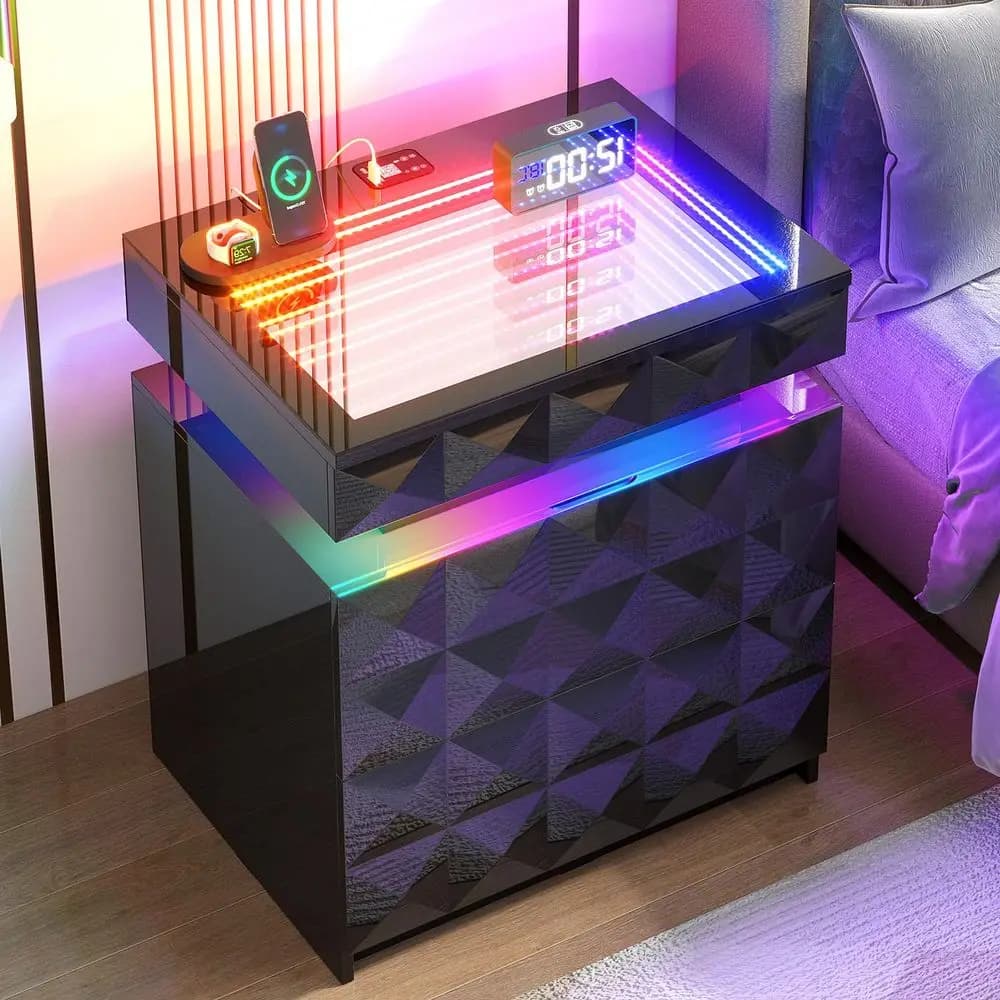 Comodino con Stazione di Ricarica e Luci RGB, Comodino Moderno con 3 Cassetti e Piano Scorrevole, Comodino con Sensore di Movimento