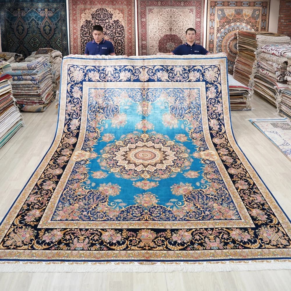 Tappeto persiano 274x366 cm Grande tappeto Qum annodato a mano blu Hereke
