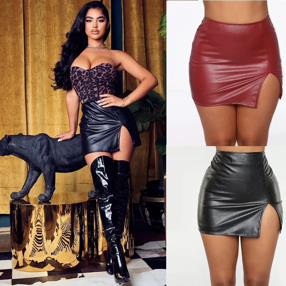 High Waist PU Leather Short Skirt Women's Sexy Black Leather Skirt Club Night Outfit City Style Loose Fit Bum Covering