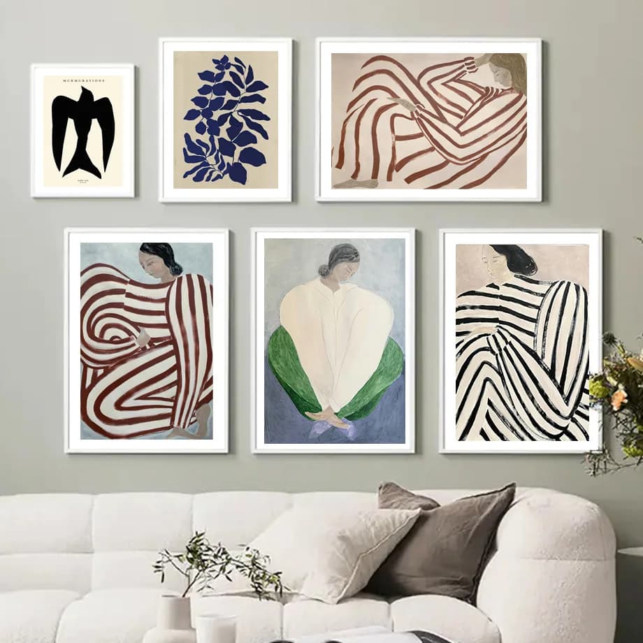 1pcs(No frame)Curve Stripe Girl Line Bird Leaf Modern Abstract Posters And Prints Wall Art Canvas Painting Bar Pictures For L