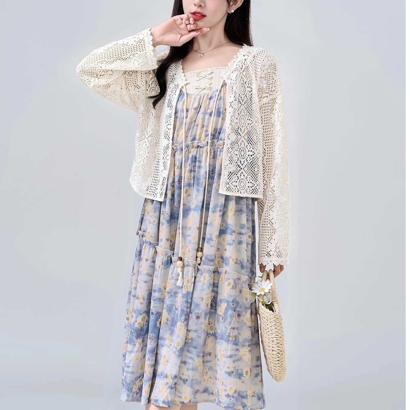 Abito Halter Floreale Dolce da Donna, Nuovo Stile Pittura a Olio per Vacanze Estive 2025, Gonna a Trapezio a Maniche Lunghe