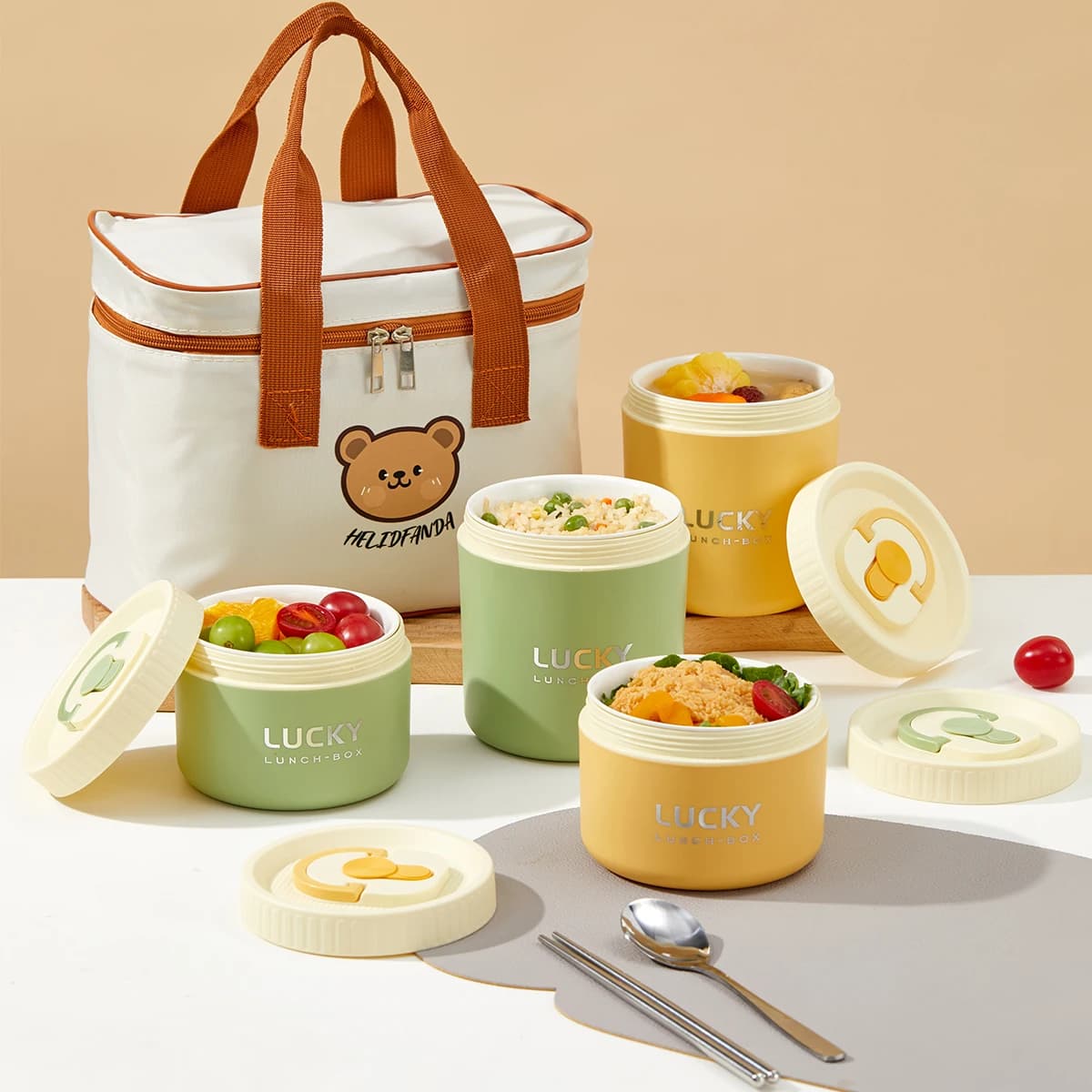 Lunch Box Bento isolato in ceramica rotonda con manico Contenitore per alimenti portatile sigillato antiscottatura a doppio strato per studenti bambini