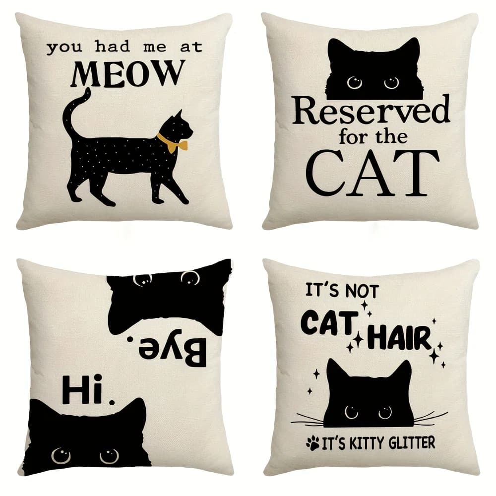 Pillow Covers 1 or 4 Black Cat Throw Pillow Covers 18x18 Inch Funny Cat Pillowcases with “You Had Me at MEOW” “Reserved for the CAT” “Hi BK” “It’s Not Cat Hair It’s Kitty Glitter” Polyester Zipper Machine Washable Cushion Covers for Sofa Bed Home Decor