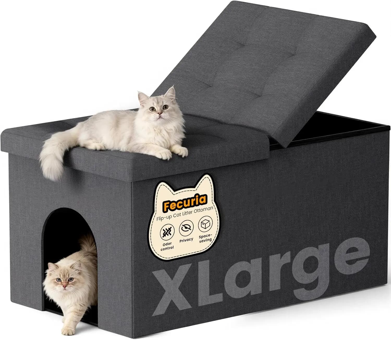Mobiletto per lettiera 3-in-1 con controllo degli odori, panca a scomparsa, mobiletto ottoman a prova di cane, grigio scuro