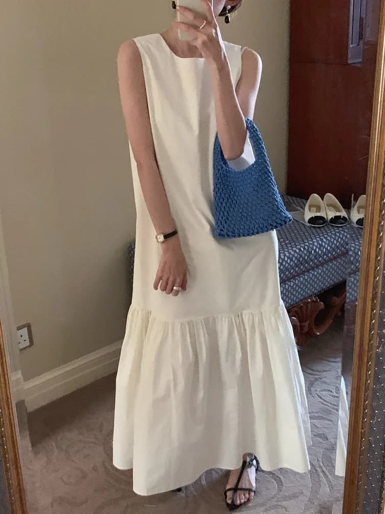Summer Vintage Lazy Style round Neck Loose Casual Splice Sleeveless Vest Dress Women's Clothing Comfortable Breathable Dress