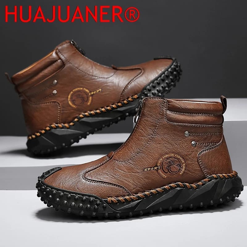 Stivali in pelle da uomo nuovi comodi autunno inverno outdoor caldo lavoro in peluche sneakers casual stivali da trekking resistenti all'usura con suola spessa