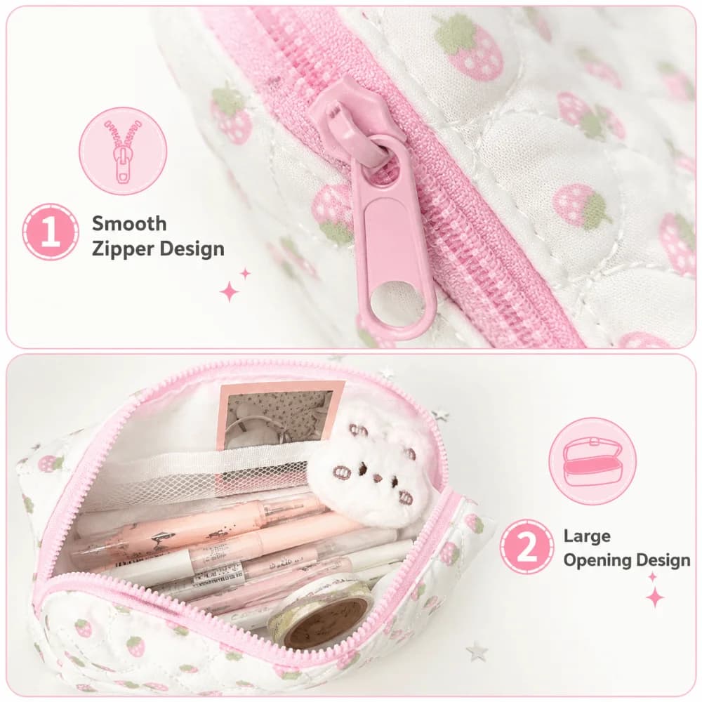 Durable Cream Strawberry Print Pencil Case Large Capacity Handheld Pen Bag Quilted Zipper Stationery Organizer Gift