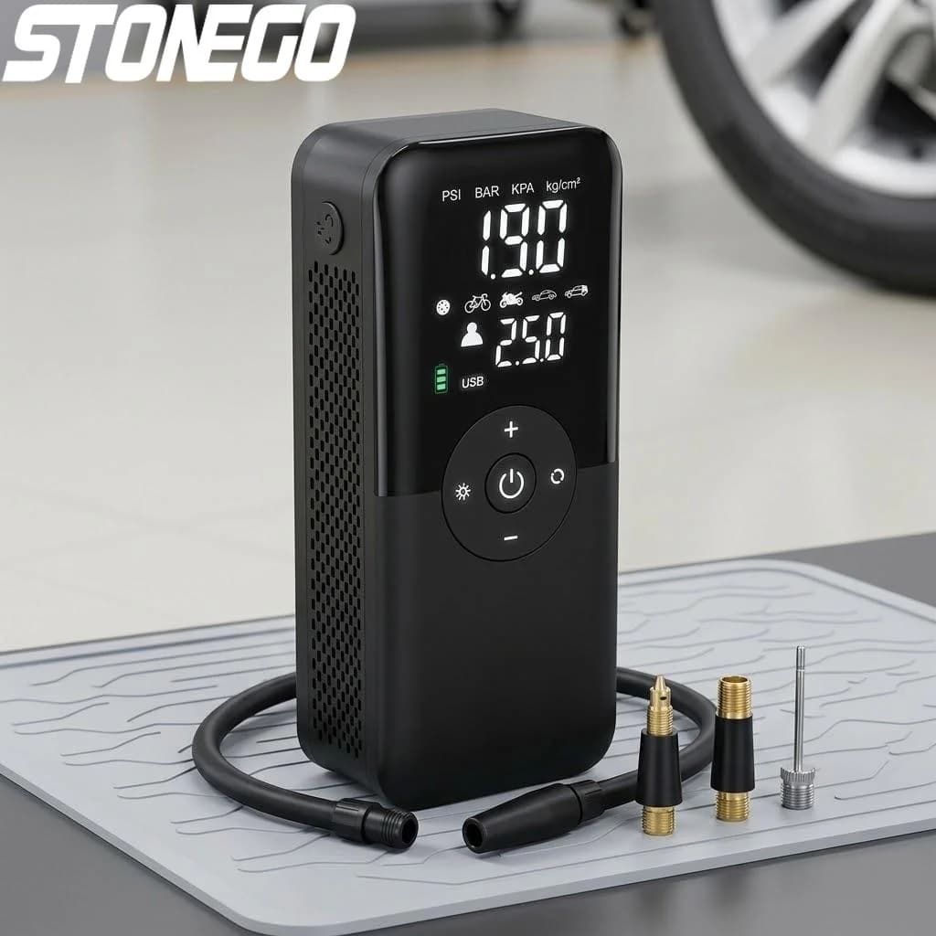 Compressore d'Aria Digitale Ricaricabile per Auto, Moto, Biciclette e Palloni, Gonfiatore Portatile Senza Fili