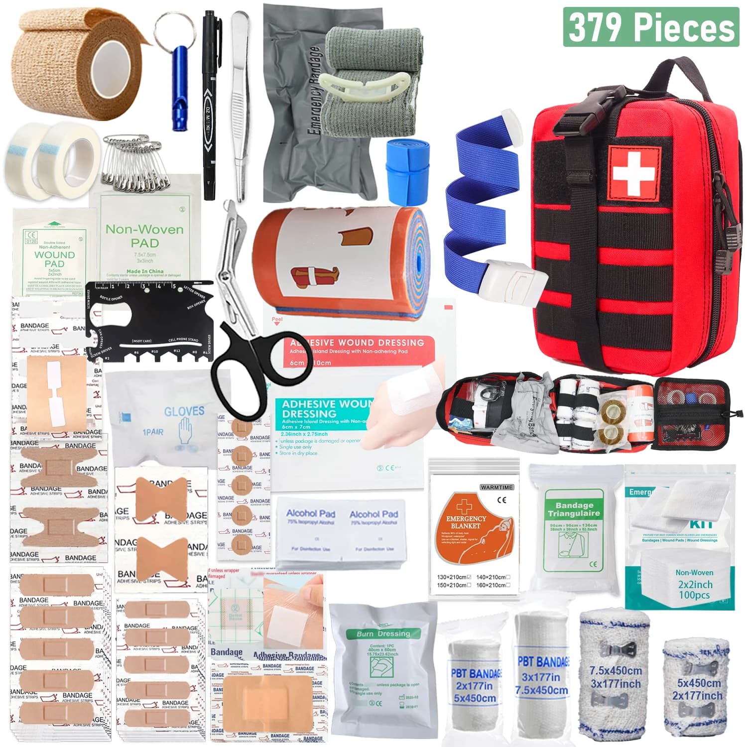 Borsa di emergenza portatile per kit di pronto soccorso per ufficio domestico da 379 pezzi, borsa da viaggio rossa per attività all'aperto, campeggio, caccia, escursionismo