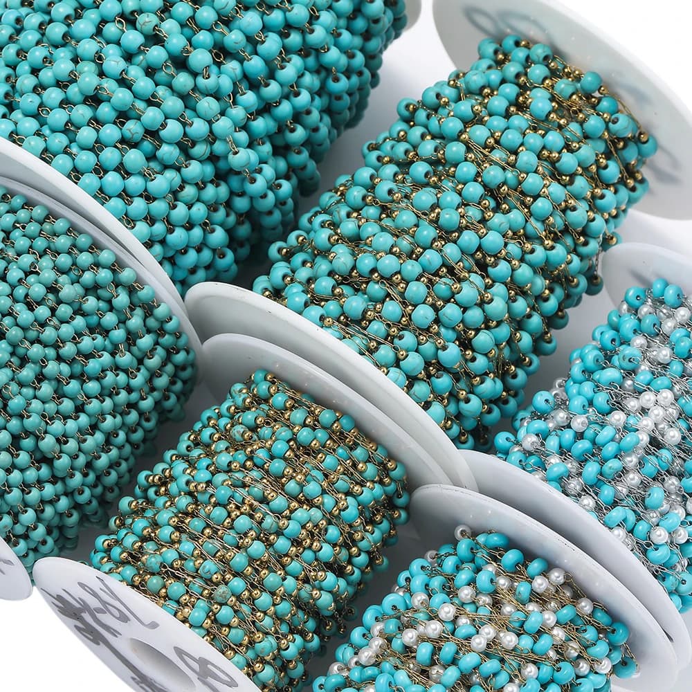 1M Stainless Steel Round Turquoise Beads Chains for DIY Anklet Bracelets Necklace Handmade Jewelry Making Accessories