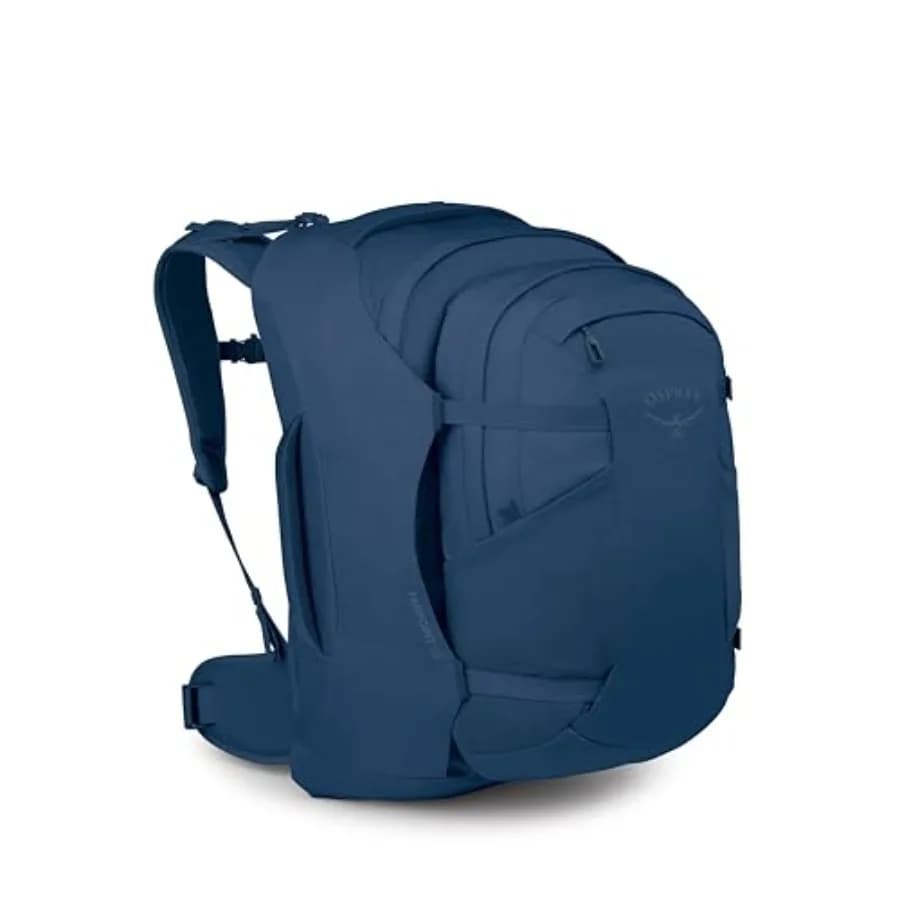 55 litre men's travel backpack with detachable shoulder bag in ancient blue for airport and daily use