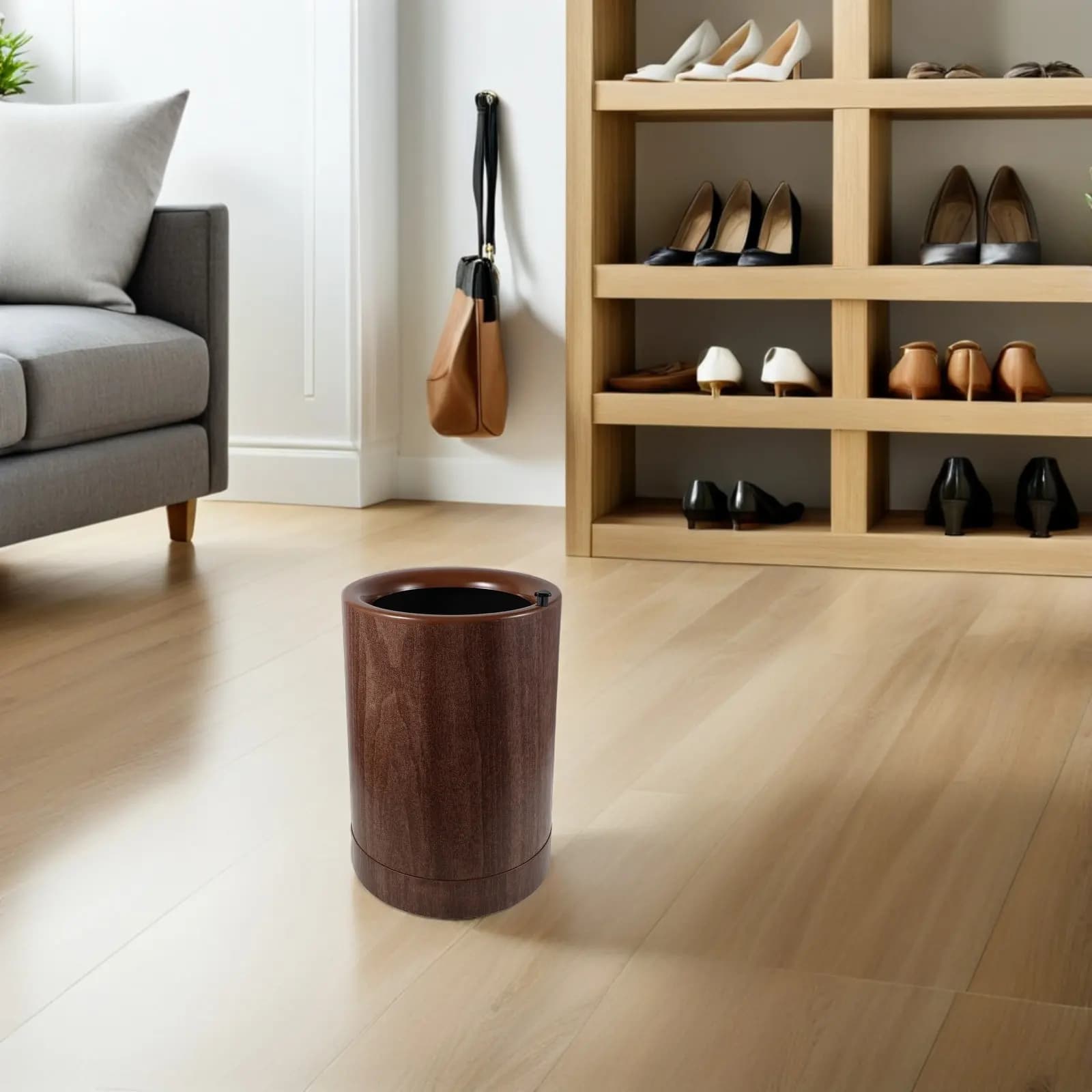 Cestino per Rifiuti in Plastica Effetto Legno da 9L con Base Scorrevole, Ideale per Cucina, Bagno e Camera da Letto