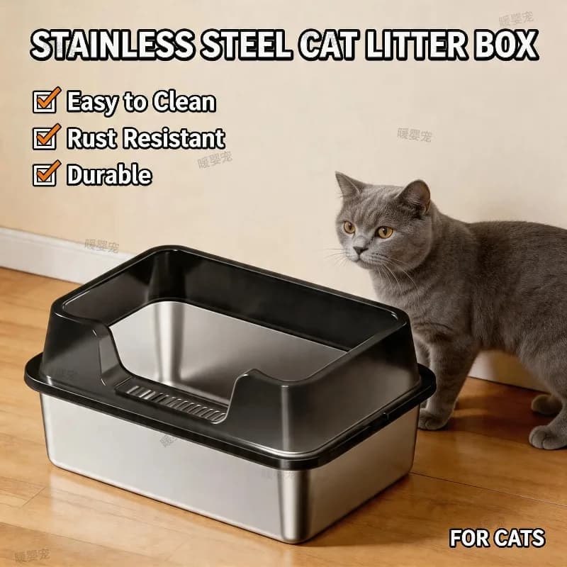 Stainless Steel Litter Box 60cm Cat Litter Box with Lid Semi-enclosed Litter Pan High-Sided Resistant Leak-Proof Cat Litter Mat