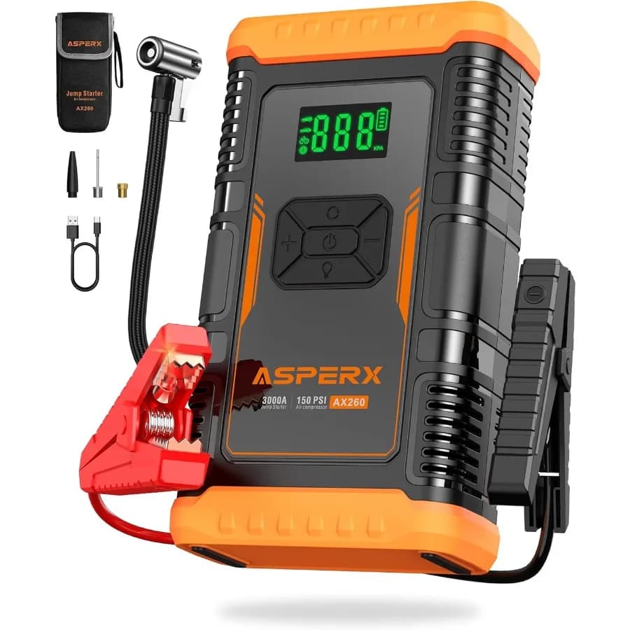 Avviatore portatile da 12 V con compressore d'aria integrato per motori a gas e diesel fino a 8 litri/10 litri Con alimentatore di emergenza compatto