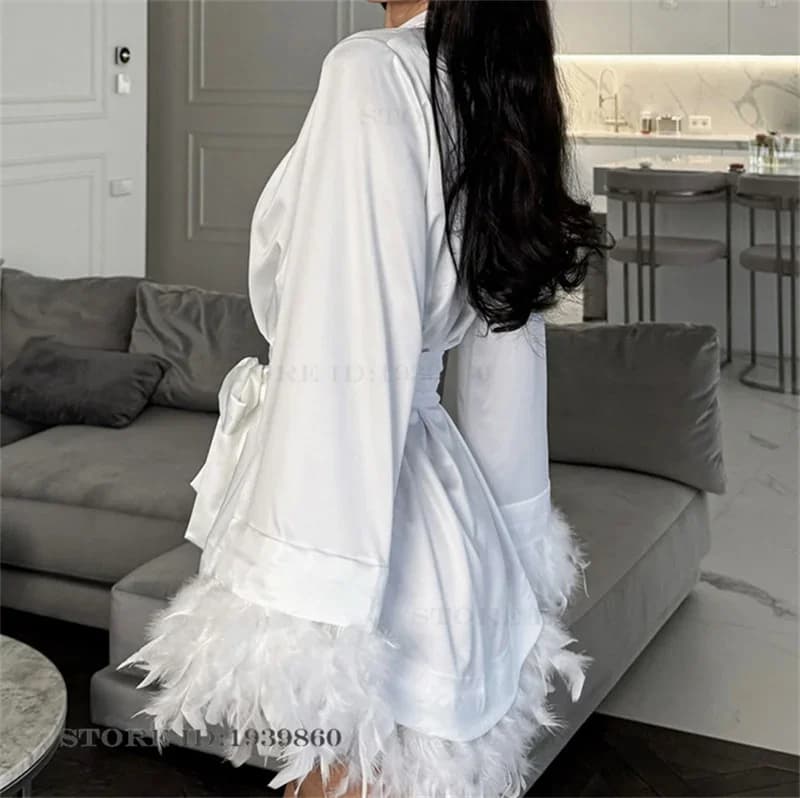 Sexy Feather Women's Robe Night Dress Elegant Silk Satin Sleepwear Home Dress Sexy Mini Bride Bathrobe Kimono Gown Night Dress