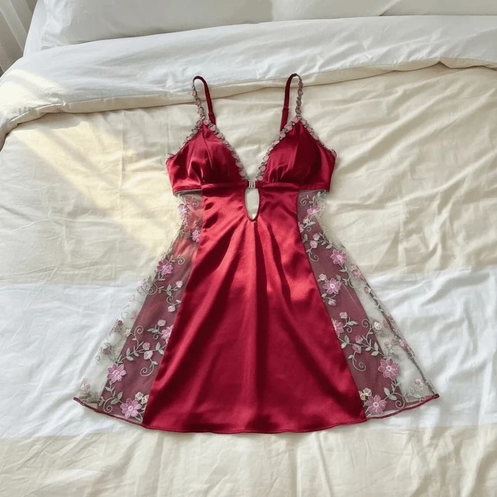 Thin Lace Women's Pajama Dress Embroidered Mesh Transparent Ice Silk Suspender Nightdress Split Flowers Slim Sling Nightgown